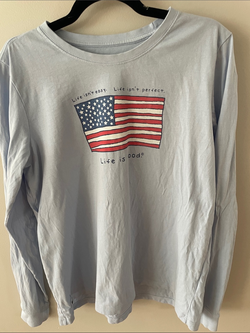 Life Is Good Light Blue Long-Sleeve Tee with American Flag Graphic